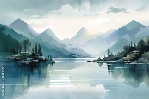 Peaceful watercolor mountain lake painting background illustration with Generative AI