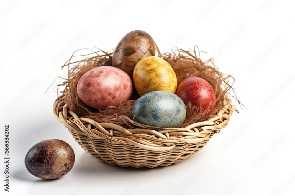 colorful Easter basket filled with a variety of eggs. Generative AI colorful Easter basket filled with a variety of eggs. Generative AI