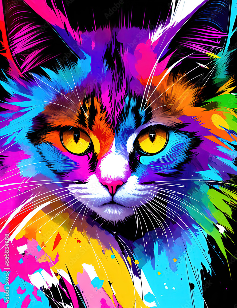 Fototapeta Cat with abstract beauty, looking at the camera, psychedelic colors, dynamic, highly detailed, digital painting, smooth, sharp focus, illustration Generative AI