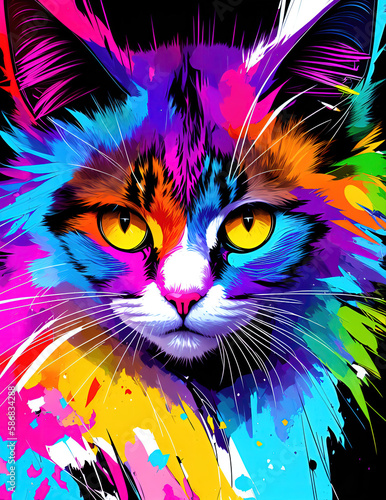 Cat with abstract beauty, looking at the camera, psychedelic colors, dynamic, highly detailed, digital painting, smooth, sharp focus, illustration Generative AI