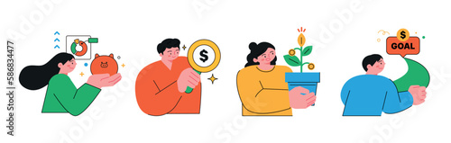 Finance and people, accounts for household economic growth, investment plan management. Money tree, goals, plans. Vector illustration.