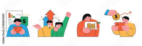 Finance and people, accounts for household economic growth, investment plan management. Plan, grow, cheer. Vector illustration.