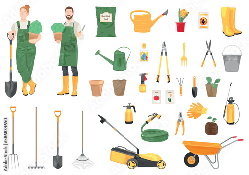 Collage of gardeners with set of supplies on white background