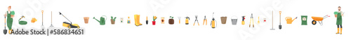 Collage of gardeners with set of supplies on white background