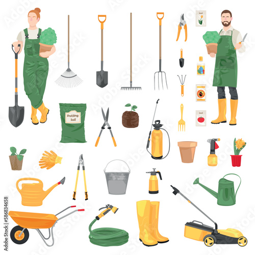 Collage of gardeners with set of supplies on white background