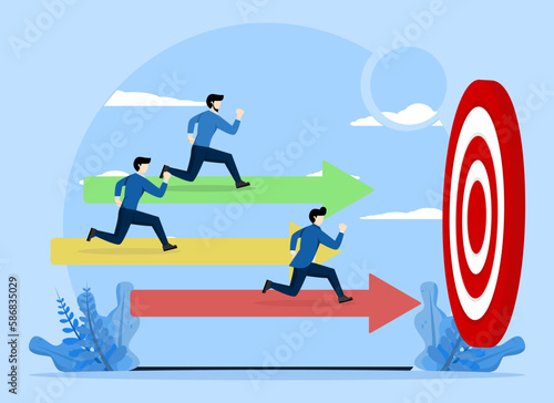 Business competition concept, concept of performance over other employees, competition against competitors to increase sales for victory, businessman and woman compete on arrows racing track.