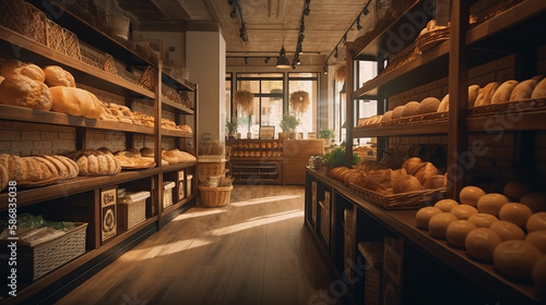 Blurred organic, eco-friendly vegan grocery, bakery store with wooden wall, parquet floor, variety of bread, bun, snack on shelf for healthy shopping lifestyle, interior design decoration background