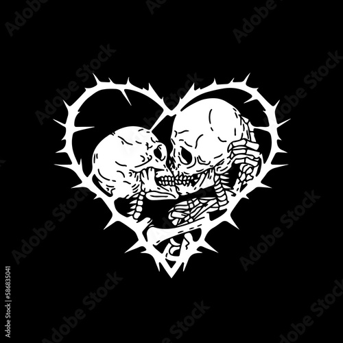vector illustration of a pair of skulls kissing