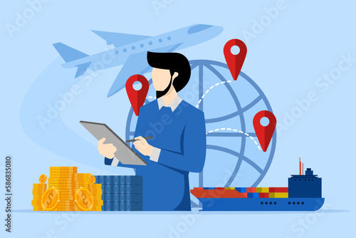 Import and export concept of shipping goods by sea or air transportation. International logistics, cargo shipping. World trade. Businessmen sell goods and services around the world. World partnership