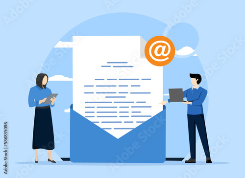 Send and receive email messages. People use electronic mail through computers. Character with laptop receiving email. New incoming sms, chat on social networks, spam. Email marketing campaign