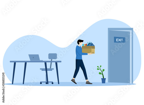 The concept of dismissal, layoffs, crisis, reducing employee work, unhappy men are stopped from work, replacing employees leave the office with goods in the box. Dismissal of workers' unemployment.