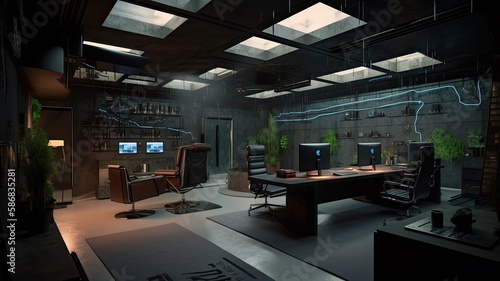 Home office bunker, interior garden with futuristic hidroponics system, aeroponi. Generative AI Technology 