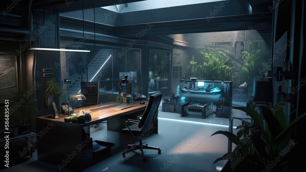 Fototapeta premium Home office bunker, interior garden with futuristic hidroponics system, aeroponi. Generative AI Technology 