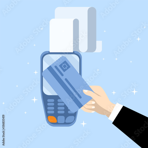 digital or electronic transaction concept, Contactless Payment. Human hand holding payment or debit card near POS terminal to pay. Transaction with NFC technology. Vector illustration