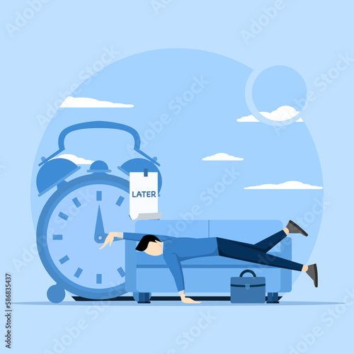 unproductive and excuse concept, lazy man sleeping with no clue to wake up with big sticky note word later on alarm clock. Putting off doing it later, putting off going to work tomorrow.