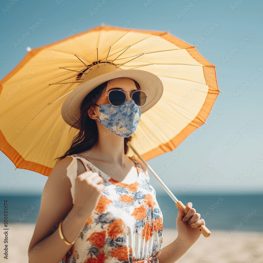 Lady with perfect sun protection with parasol, mask and sunglasses