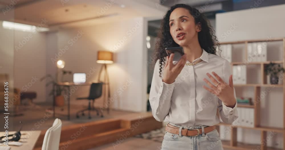 Business woman, loudspeaker and phone call in office for talking, conversation and voice app at night. Female worker, communication and mobile microphone for audio chat, contact networking and speech Business woman, loudspeaker and phone call in office for talking, conversation and voice app at night. Female worker, communication and mobile microphone for audio chat, contact networking and speech