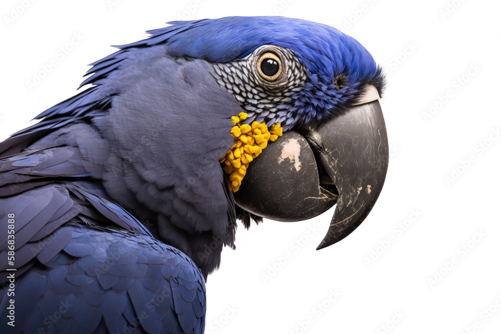 Fototapeta premium a spring-themed photographic illustration of a blue indigo macaw parrot macro head transparent background in PNG. T-shirt design. Generative AI