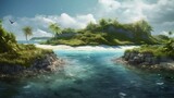 Atoll world, stunning circular coral reefs surrounding shallow lagoons with turquoise-blue waters, vibrant coral reefs, sandy beaches, and tropical vegetation, Created using generative AI