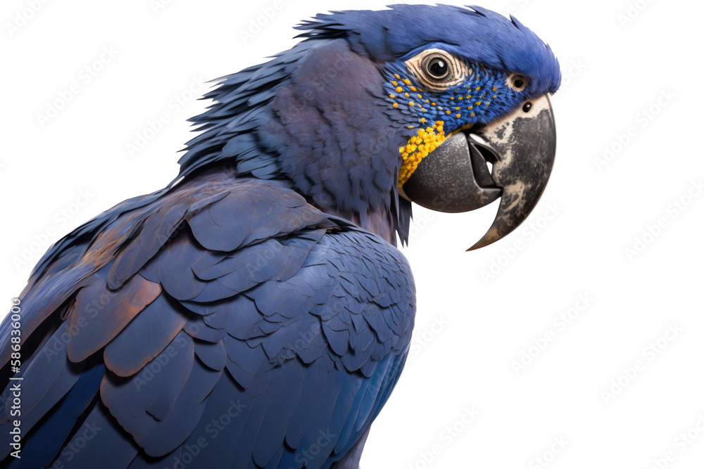 Obraz premium a spring-themed photographic illustration of a blue indigo macaw parrot macro head transparent background in PNG. T-shirt design. Generative AI
