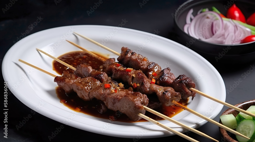 Satay Skewered and Grilled Meat, Served with Spicy Salad, Cucumber, Chili, and Soy Sauce