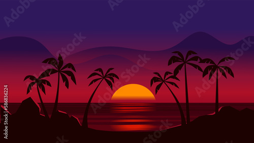 Beautiful calm ocean sundown with rocks and palm trees in the beach