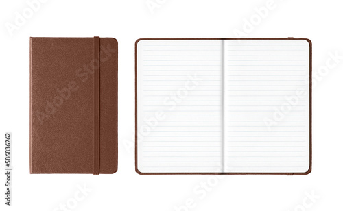 Brown closed and open lined notebooks isolated on transparent background