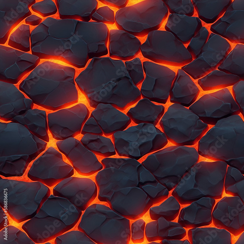 Seamless Pattern. Cracked ground with hot glowing lava veins illustration perfect for video game design. Cracked lava ground texture. Game asset. 