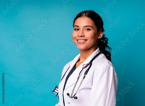 Portrait of attractive latina woman doctor in medical uniform on blue isolated background. Generative AI