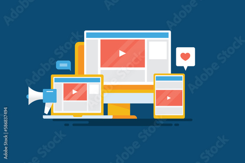 Responsive video advertising on digital devices. Personalized display ad content, digital communication concept. vector illustration.