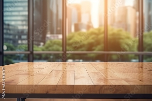 wooden table overlooking a bustling cityscape. Generative AI © AkuAku
