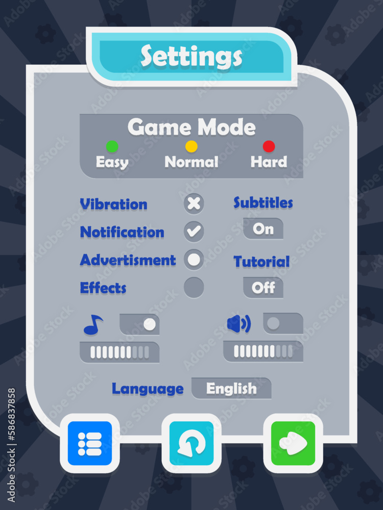 Menu of game graphic user interface on screen of 2d mobile game application in flat cartoon style with simple theme Menu of game graphic user interface on screen of 2d mobile game application in flat cartoon style with simple theme
