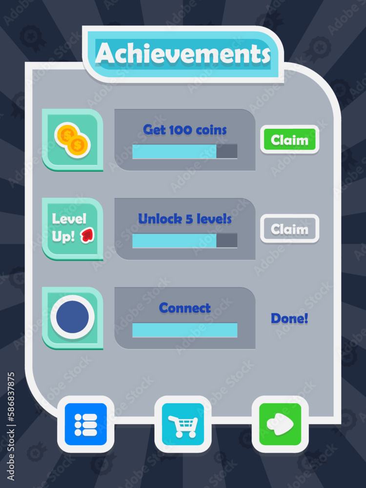 Menu of game graphic user interface on screen of 2d mobile game application in flat cartoon style with simple theme Menu of game graphic user interface on screen of 2d mobile game application in flat cartoon style with simple theme