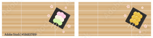 Hanami dango and Mitarashi dango on a black square plate on a bamboo mat with sakura flowers. Background with Japanese sweets on a stick and place for text. Rice dumplings, spring dessert. Vector set photo