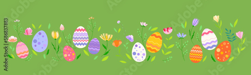 Happy Easter vector illustration on green background. Trendy Easter design with eggs and flowers in soft colors for banner, poster, greeting card.
