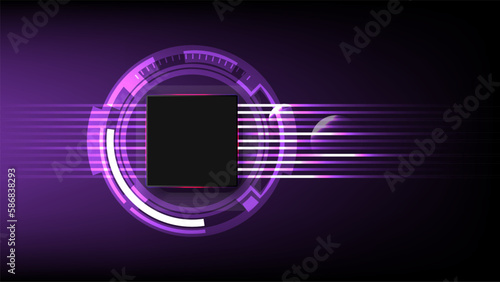 Technology microchip in the cogwheel on the blue background with neon bright light