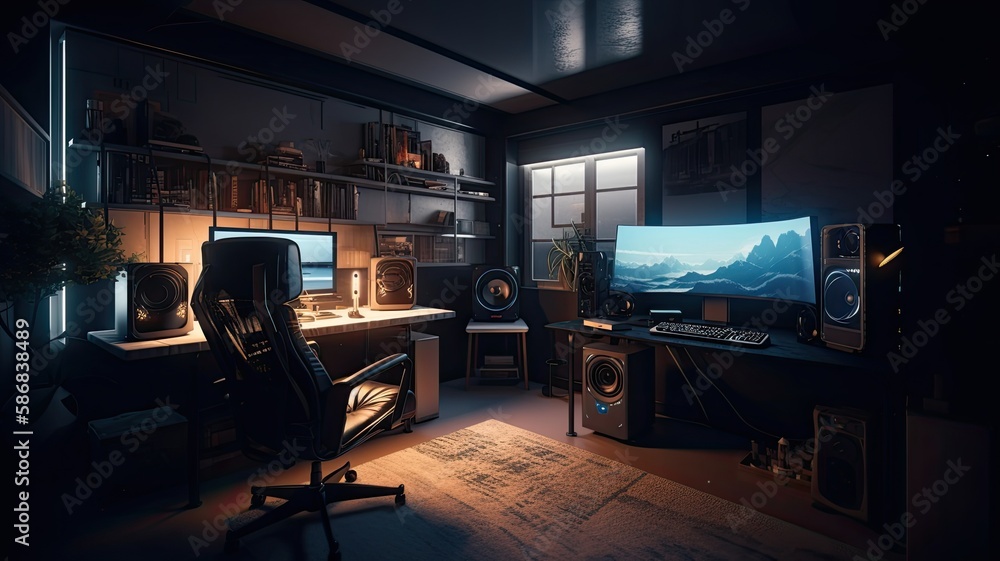 Gaming room with hightech technology computer. Generative AI Technology Gaming room with hightech technology computer. Generative AI Technology