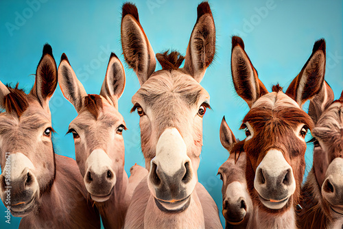 Abstract portrait, group selfie of domestic animals, happy, funny donkeys posing on a pastel blue background Fototapet