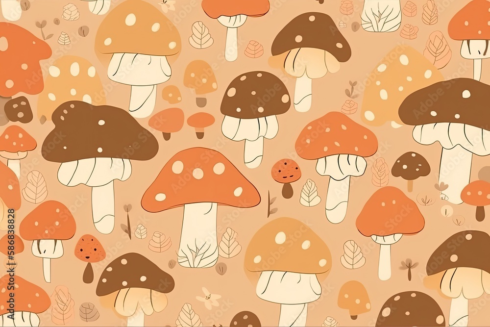 multiple mushrooms on a warm brown background. Generative AI