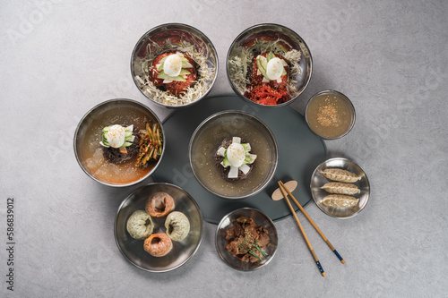 korean food, food photography on grey board background