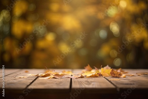rustic wooden table adorned with vibrant yellow autumn leaves. Generative AI