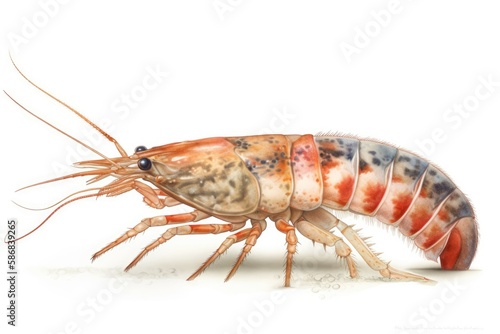 detailed close-up of a single shrimp on a plain white background. Generative AI