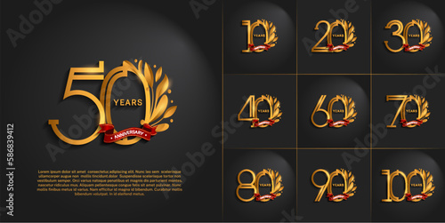 set of anniversary logotype golden color, ornament and red ribbon for special celebration event