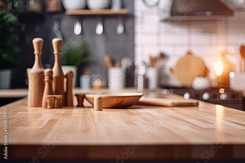 rustic kitchen counter with wooden cutting board and utensils. Generative AI