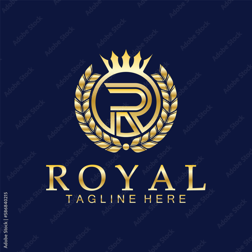 Naklejka premium R initial royal crown logo. Royal, King, queen luxury symbol. Font emblem.
