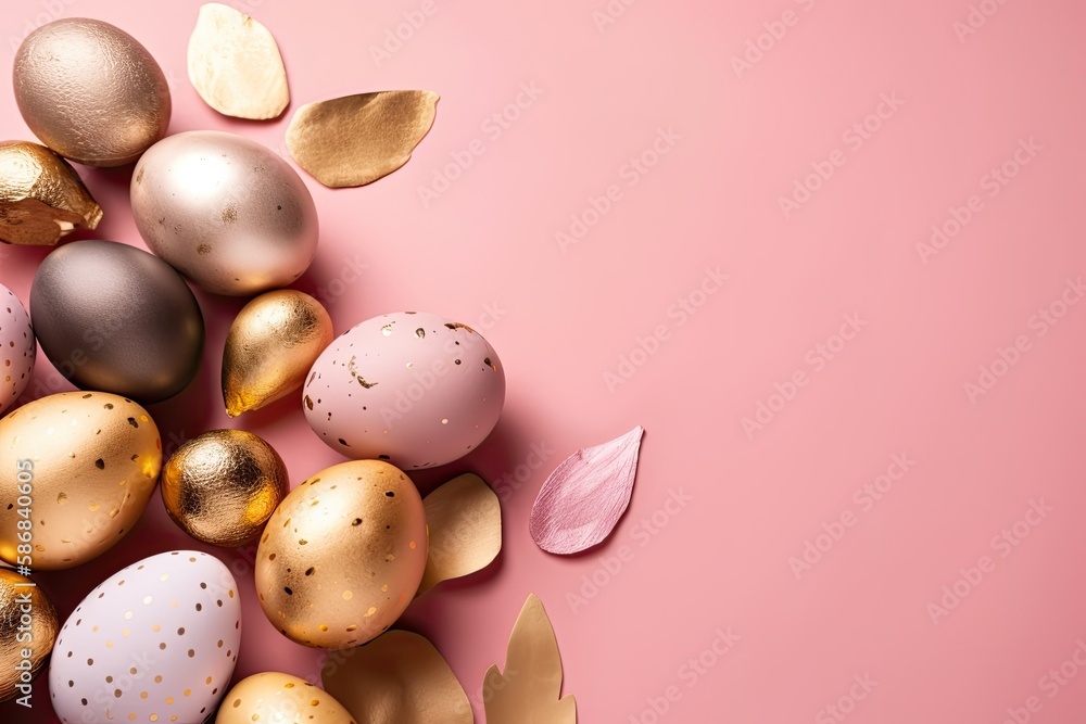 collection of shiny gold and silver eggs on a soft pink background. Generative AI