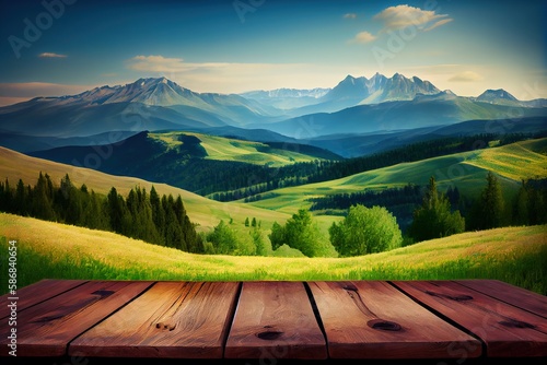 wooden table against a landscape of serene mountains, lush green hills, a verdant meadow, and idyllic countryside scenery. Generative AI. Digital Art Illustration