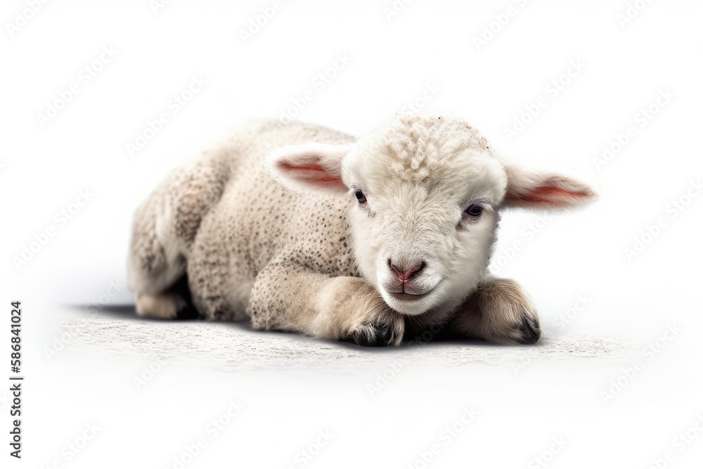 Fototapeta premium young lamb resting on the grass in a sunny field. Generative AI