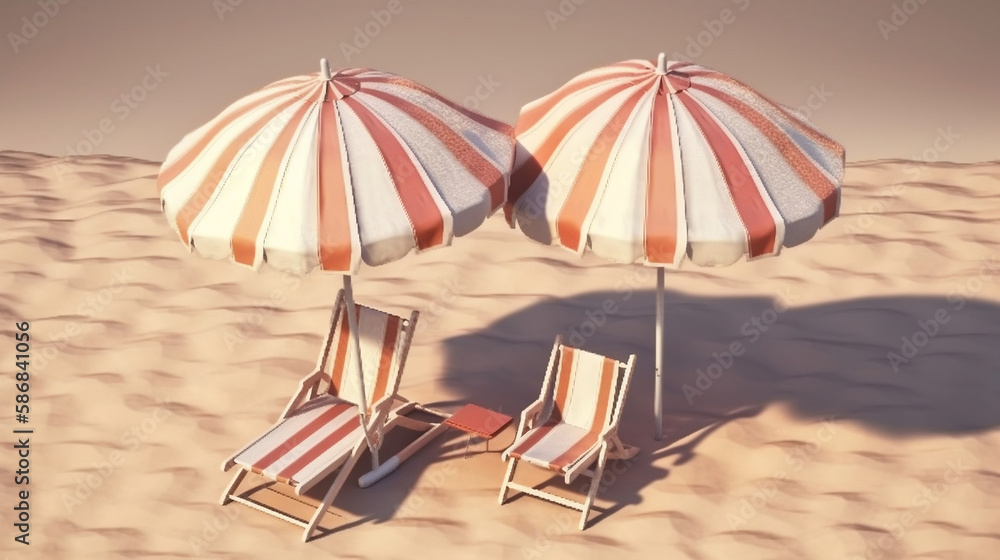 Beach chair with umbrella and beach ball on pink background. Generative AI.