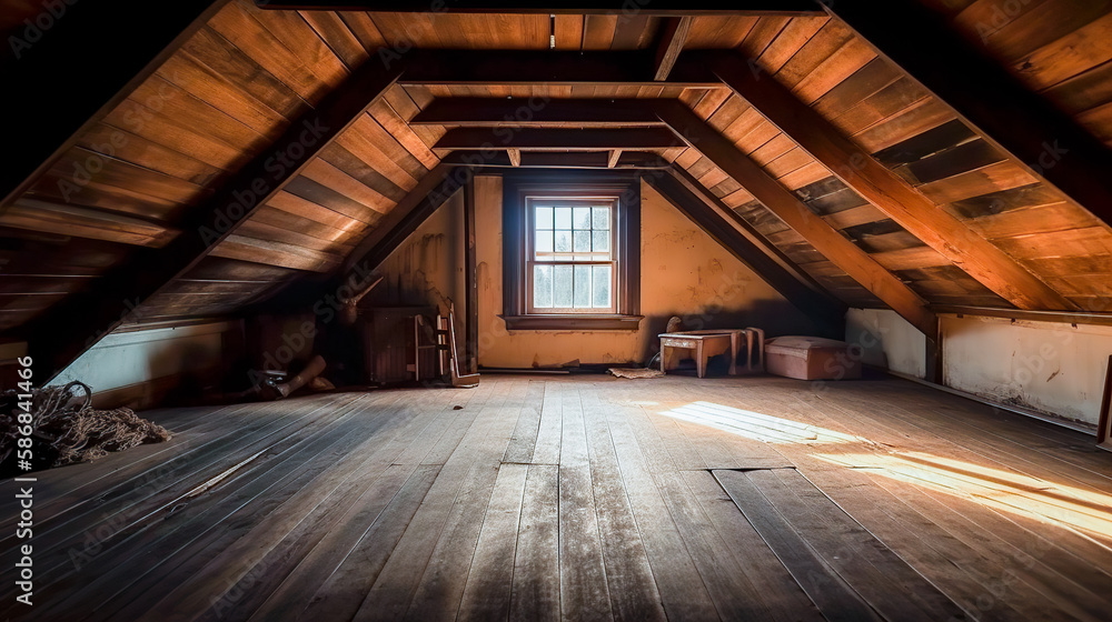 Rustic attic room, empty wooden interior with copy space. Indoor background. AI generative image. Rustic attic room, empty wooden interior with copy space. Indoor background. AI generative image.